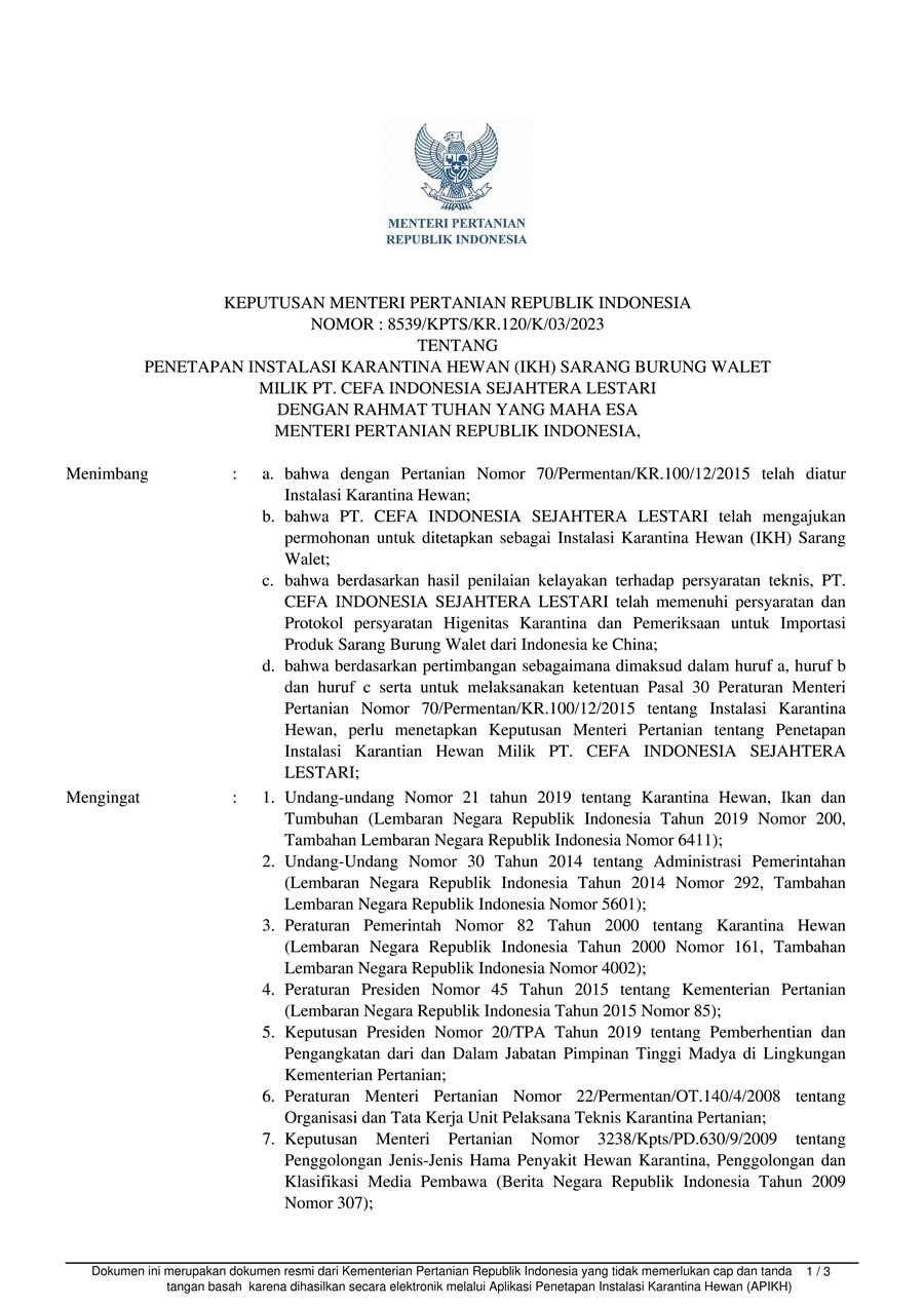 Capacity Approval Number of Indonesian Agricultural Quarantine Agency Certificate