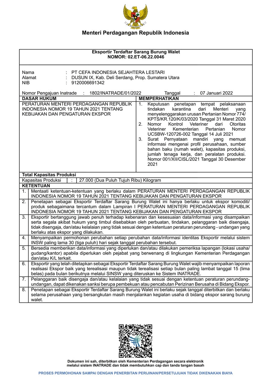 Registered Exporter of Bird's Nest Certificate